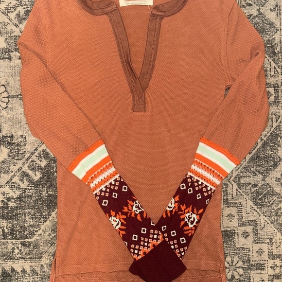 Women's Long Sleeve Henley Top - Brown - Picture 2 of 4